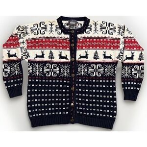 Vintage 80s Woolrich Nordic‎ Wool Cardigan Deer & Snowflakes Women's M Red/Navy